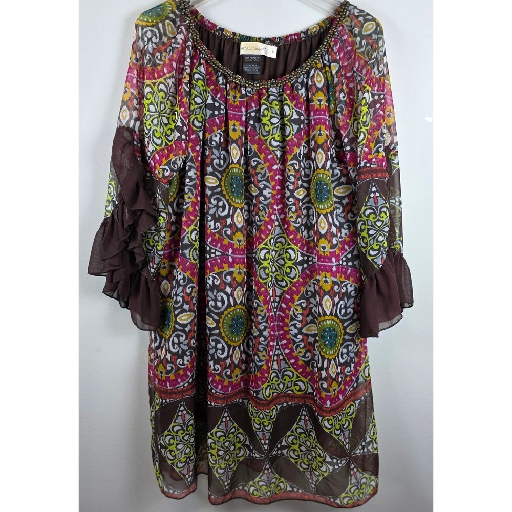 Urban Mangoz Women Sz L Ruffle Flare Sleeve Geometric Print Tunic Dress‎ Boho